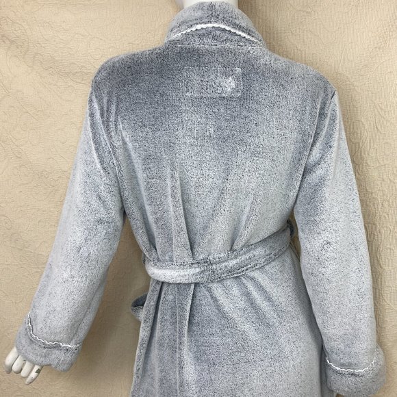 Oscar de la Renta Pink Label Plush Gray Shawl Collar Robe Satin Trim Belt - Picture 9 of 14